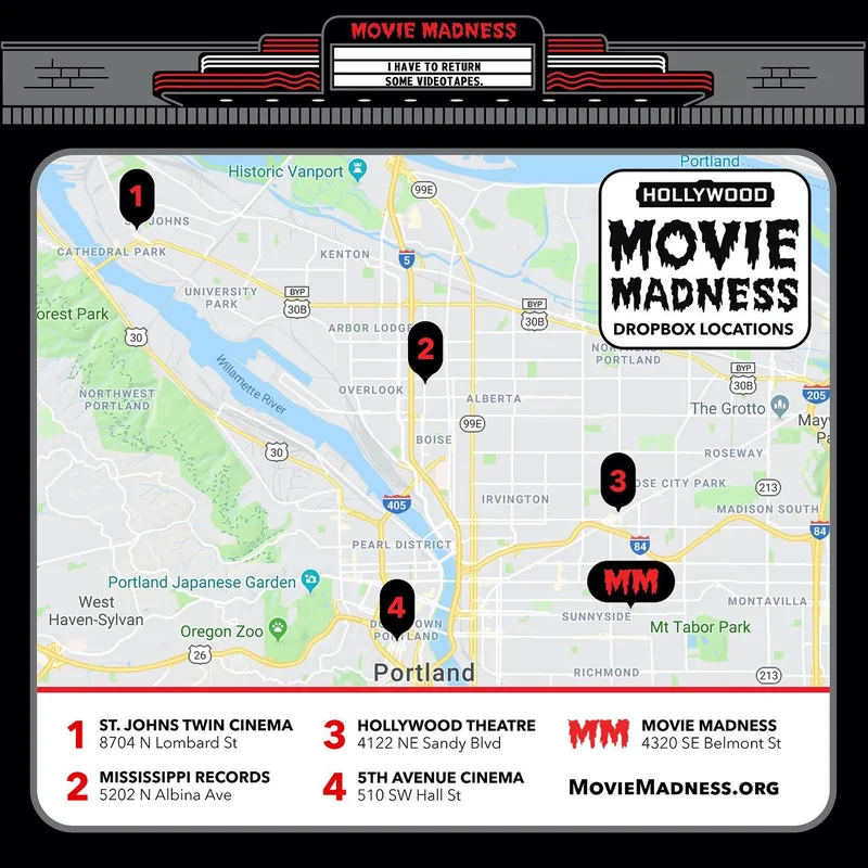 A map of the 4 dropbox locations, plus the Movie Madness store location.